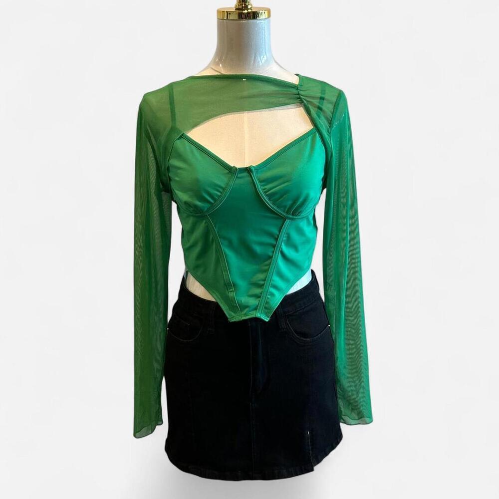 Green corset style crop‎ top with matching mesh long sleeves